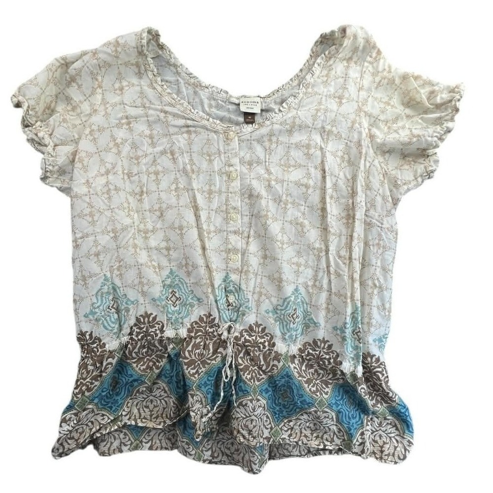 Sonoma Life Style Woman 1X Tunic Top White Beige Blue Floral Print Drawstring‎